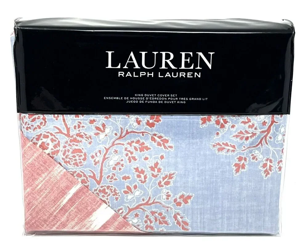 Ralph Lauren Marley Paisley King Duvet Cover Set Light Blue Coral 3 Piece Set